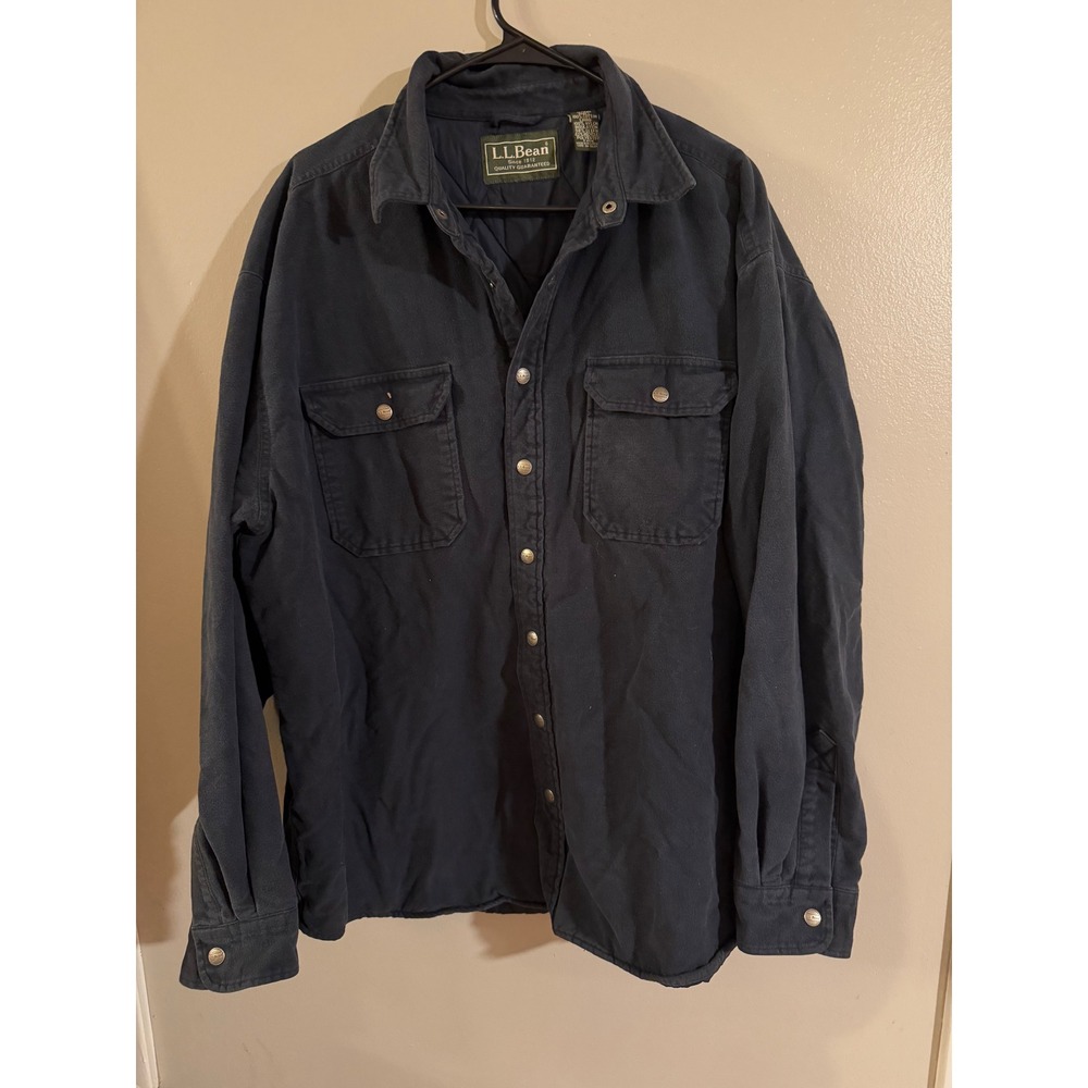 LL Bean Mens XL Quilted Lined Shirt Jacket Navy Blue Cotton Snap Front Insulated